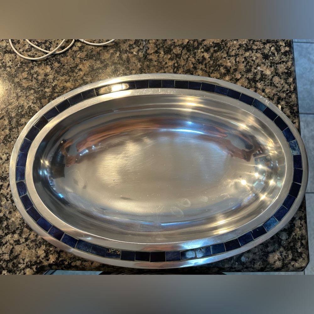 Pewter tray with unpaid blue tiles. Heavy and good quality